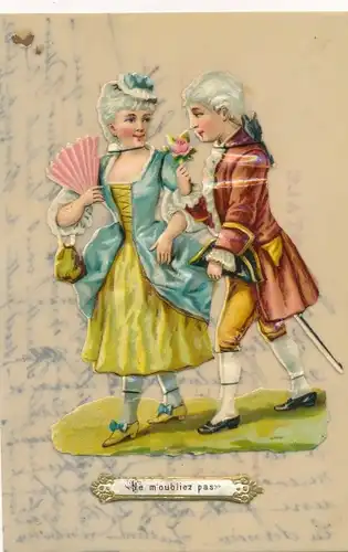 Zelluloid Ak Glückwunsch, Liebespaar in Hoftracht, Fächer, Rose