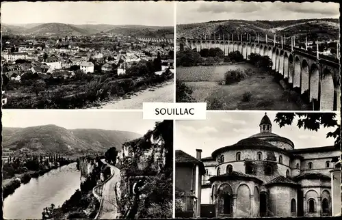 Ak Souillac Lot, Vue Générale, Le Grande Viaduc, l'Église Abbatiale, La Dorogne au Pas du Raysse