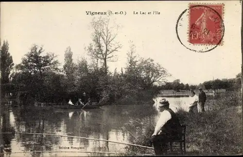 Ak Vigneux Essonne, Le Lac et l'Ile, Angler