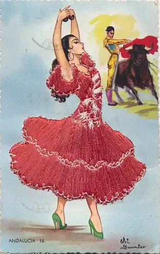 Stoff Ak Andalucia Andalusien, Tänzerin im bestickten Kleid, Stierkampf