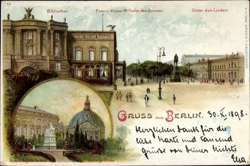 Litho Berlin, Unter den Linden, Palais Kaiser Wilhelm, Bibliothek, Hedwigskirche, Kaiserin Denkmal