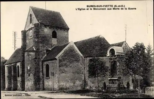 Ak Bures sur Yvette Essonne, L'Eglise et le Monument aux Morts de la Guerre