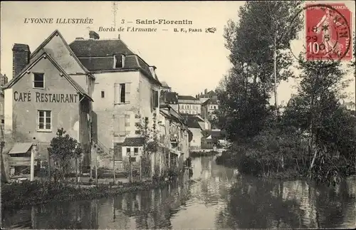 Ak Saint Florentin Yonne, Bords de l'Armance, Café Restaurant