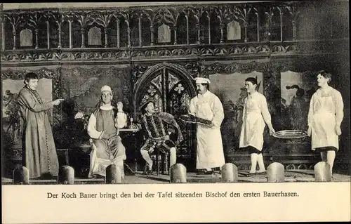 Ak Freiberg im Kreis Mittelsachsen, Koch Bauer bringt dem Bischof den ersten Bauerhasen, Theater