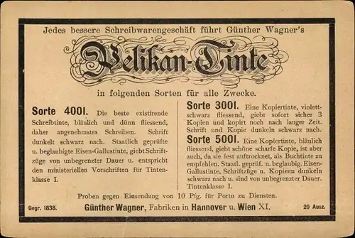 Ganzsachen Ak Pelikan Tinte, Günther Wagner, Fabriken in Hannover und Wien XI.