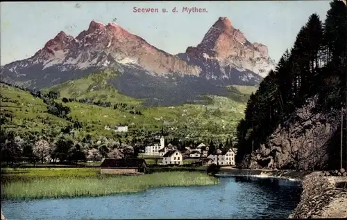 Ak Seewen Kt. Schwyz Schweiz, Panorama mit Mythen
