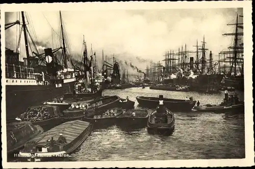 Ak Hamburg, Hansa Hafen, Schlepper Bussard, Binnenschiffe, Dampfer, Segelschiffe