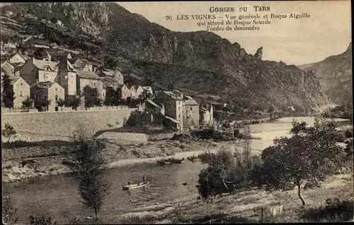 Ak Les Vignes Lozère, Gorges du Tarn, Vue générale et Roque Aiguille