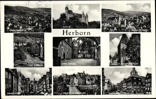 Ak Herborn in Hessen, Schloss, Hochschule, Dillturm, St. Leonhardsturm