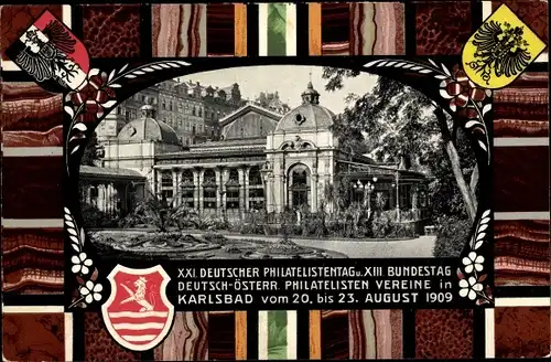 Wappen Ganzsachen Passepartout Ak Karlovy Vary Karlsbad Stadt, XXI. Dt. Philatelistentag