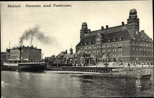 Ak Malmö Schweden, Hamnen med Posthuset