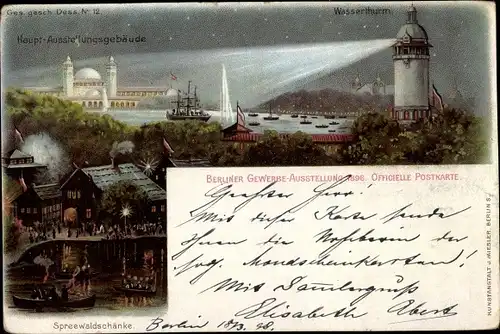 Ak Berliner Gewerbeausstellung 1896, Wasserturm, Hauptausstellungsgebäude, Spreewaldschänke