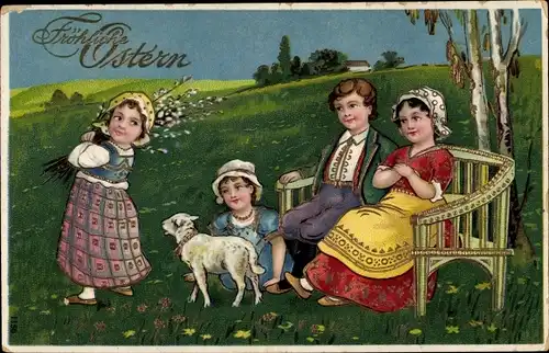 Präge Ak Glückwunsch Ostern, Osterlamm, Kinder mit Weidenkätzchen