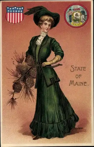 Präge Wappen Ak State of Maine, Frau mit Tannenzapfen