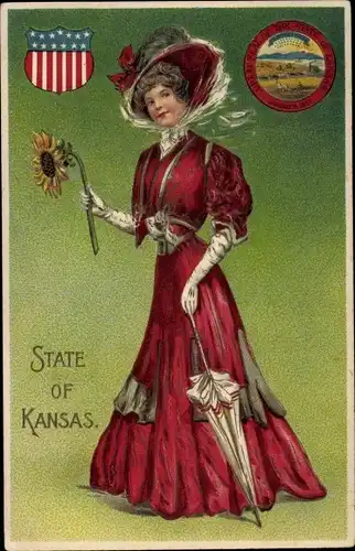 Präge Wappen Ak State of Kansas, Frau mit Sonnenblume