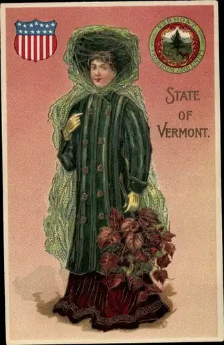 Präge Wappen Ak State of Vermont, Frau mit Weinblättern