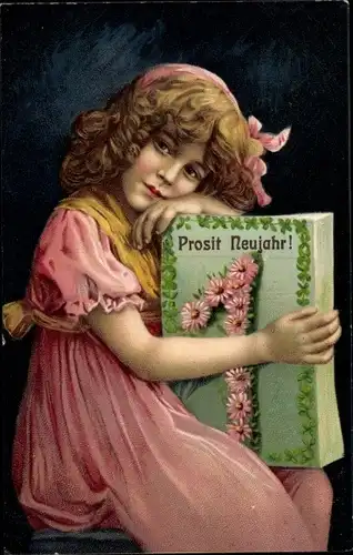 Präge Ak Glückwunsch Neujahr, Mädchen mit Kalender