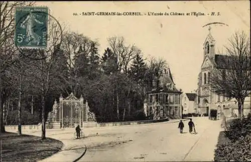 Ak Saint Germain les Corbeil Essonne, L'Entree du Chateau et l'Eglise