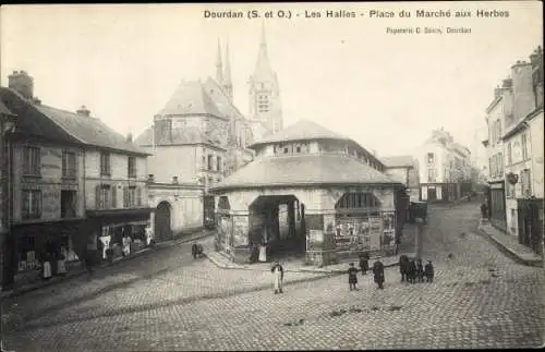 Ak Dourdan Essonne, Les Halles, Place du Marché aux Herbes