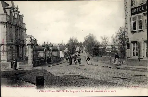 Ak Charmes sur Moselle Lothringen Vosges, Le Pont et Avenue de la Gare, Hotel