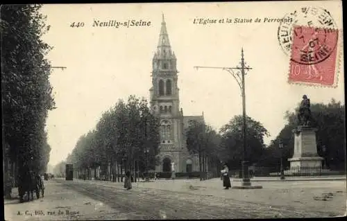 Ak Neuilly sur Seine Hauts de Seine, Eglise, Statue de Perronnet