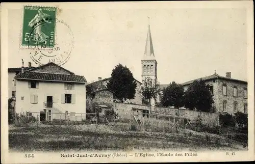 Ak Saint Just d'Avray Rhône, L'Église, l'école des Filles