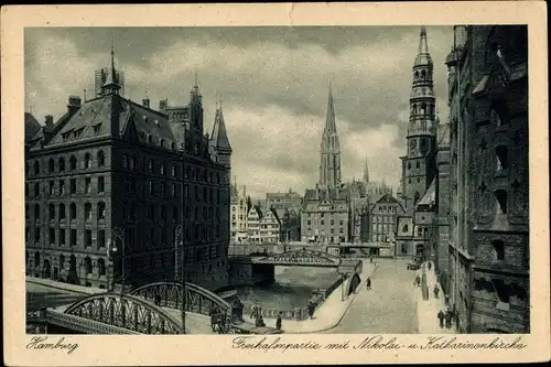 Ak Hamburg, Freihafenpartie mit Nikolai- und Katharinenkirche