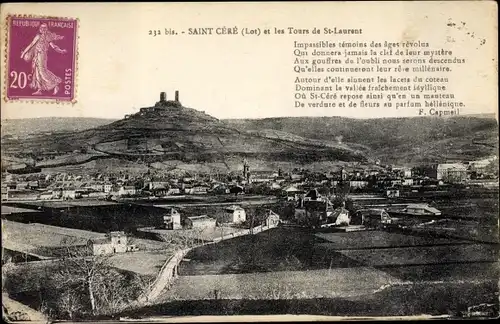 Ak Saint Cere Lot, Vue générale, Tours de St. Laurent