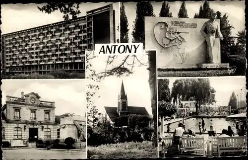 Ak Antony Hauts de Seine, Monument, Eglise, Mairie, Piscine, bâtiment de la résidence universitaire