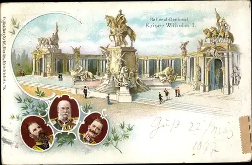 Ganzsachen Litho Berlin, Nationaldenkmal Kaiser Wilhelm I., Kaiser Wilhelm II., Kaiser Friedrich III