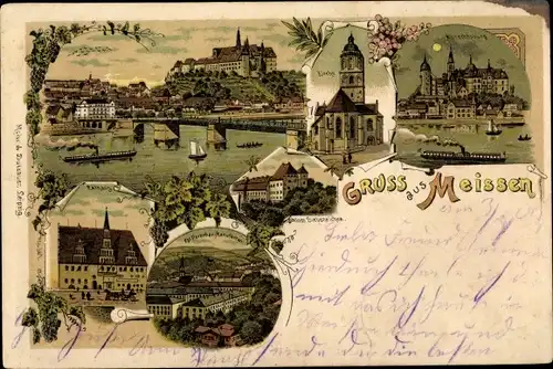 Litho Meißen in Sachsen, Panorama vom Ort, Kirche, Albrechtsburg, Rathaus, Schloss Siebeneichen