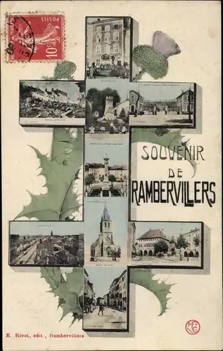 Passepartout Ak Rambervillers Lothringen Vosges, Distel, Kirche, Marktplatz