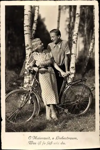 Ak Mann und Frau mit Fahrrad, O Maienzeit, o Liebestraum