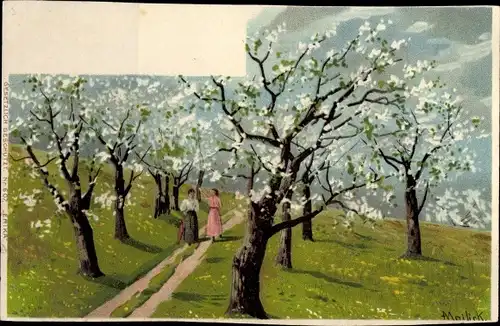 Künstler Litho Mailick, Weg, Bäume, Frühling
