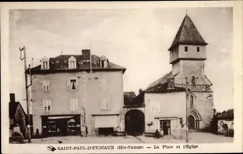 Ak Saint Paul d'Eyjeaux Haute Vienne, La Place et l'Eglise