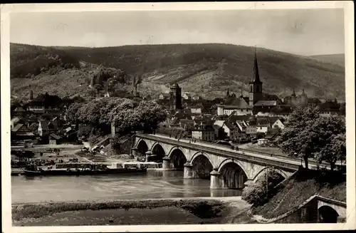 Ak Lohr im Spessart Unterfranken, Stadtansicht mit Brücke, Kirche