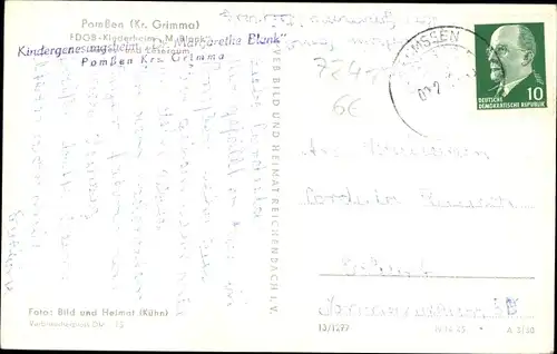 Ak Pomßen Parthenstein in Sachsen, FDGB Kinderheim M. Blank, Tages und Leseraum, Leuchter