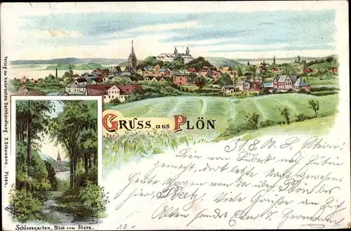 Litho Plön in Schleswig Holstein, Panorama vom Ort, Schlossgarten, Blick vom Stern