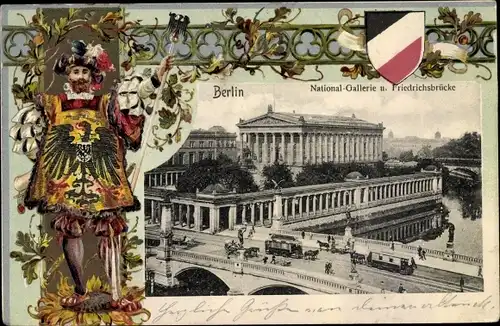 Präge Wappen Ak Berlin, Nationalgallerie und Friedrichsbrücke, Wache, Adler