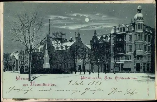 Mondschein Ak Neumünster in Schleswig Holstein, Großflecken, Ecke Holstenstraße, Winter