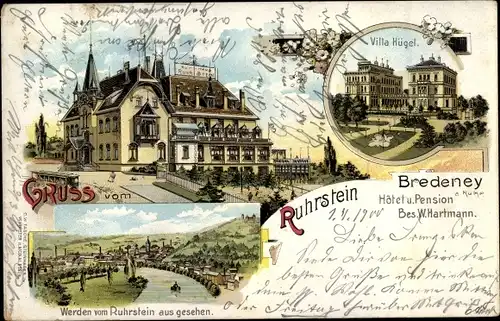 Litho Essen im Ruhrgebiet, Kurhaus Ruhrstein, Villa Hügel, Panorama vom Ort