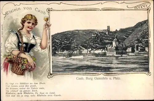 Präge Passepartout Ak Caub Rhein Lahn Kreis, Panorama mit Burg Gutenfels, Elstein mit Weinglas