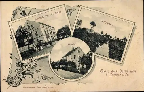 Ak Bernbruch Grimma in Sachsen, Gasthof G. Kraus, Dorfpartie, Schule
