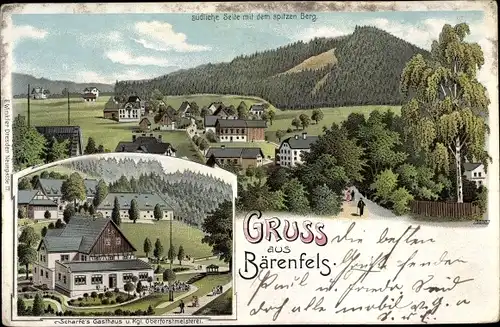 Litho Bärenfels Altenberg im Erzgebirge, Südliche Seite mit dem spitzen Berg, Scharfe's Gasthaus