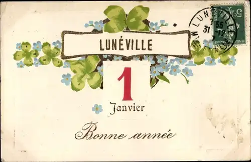 Präge Ak Glückwunsch Neujahr, Kalender, Kleeblätter, Lunéville, 01. Janvier