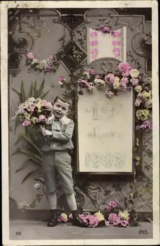Ak Glückwunsch Neujahr, 1er Janvier 1909, Junge mit Blumen, Bonne Année