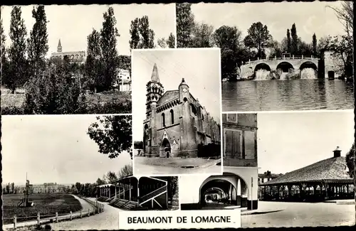 Ak Beaumont de Lomagne Tarn et Garonne, Eglise Notre Dame, Chute de la Gimone, Hippodrome