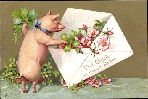 Präge Ak Glückwunsch Neujahr, Schwein, Klee, Briefumschlag, Blumen