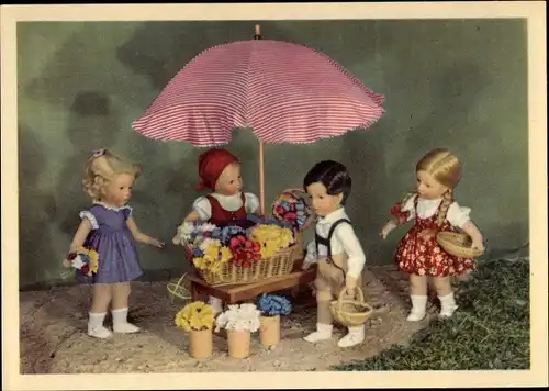 Ak Käthe Kruse Puppen, Verkaufsstand für Blumen