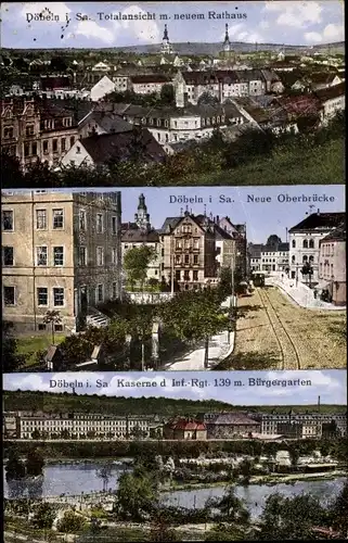 Ak Döbeln in Sachsen, Kaserne Inf. Regt. 139 mit Bürgergarten, Totalansicht mit Rathaus, Oberbrücke